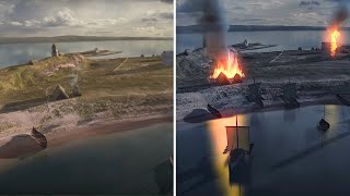 Lindisfarne before and after the Viking raids  aerial 3D flyby [upl. by Ziladnerb]