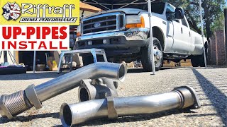 2001 F350 73  RiffRaff UpPipes Install  Stock up pipes leaking and falling apart JUNK SP [upl. by Ahsei287]